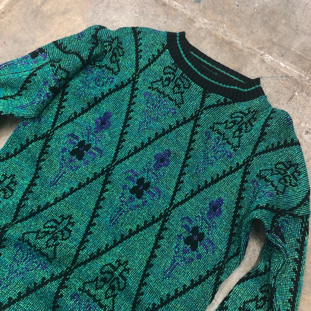 Vintage 70s Lurex Sweater Oversized Green Black - Picture 4 of 5